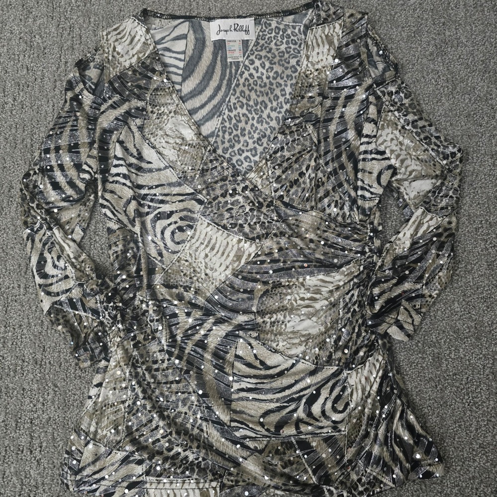 Joseph Ribkoff Animal Print Ruched Top Cold Shoulder Metallic Stretch 8